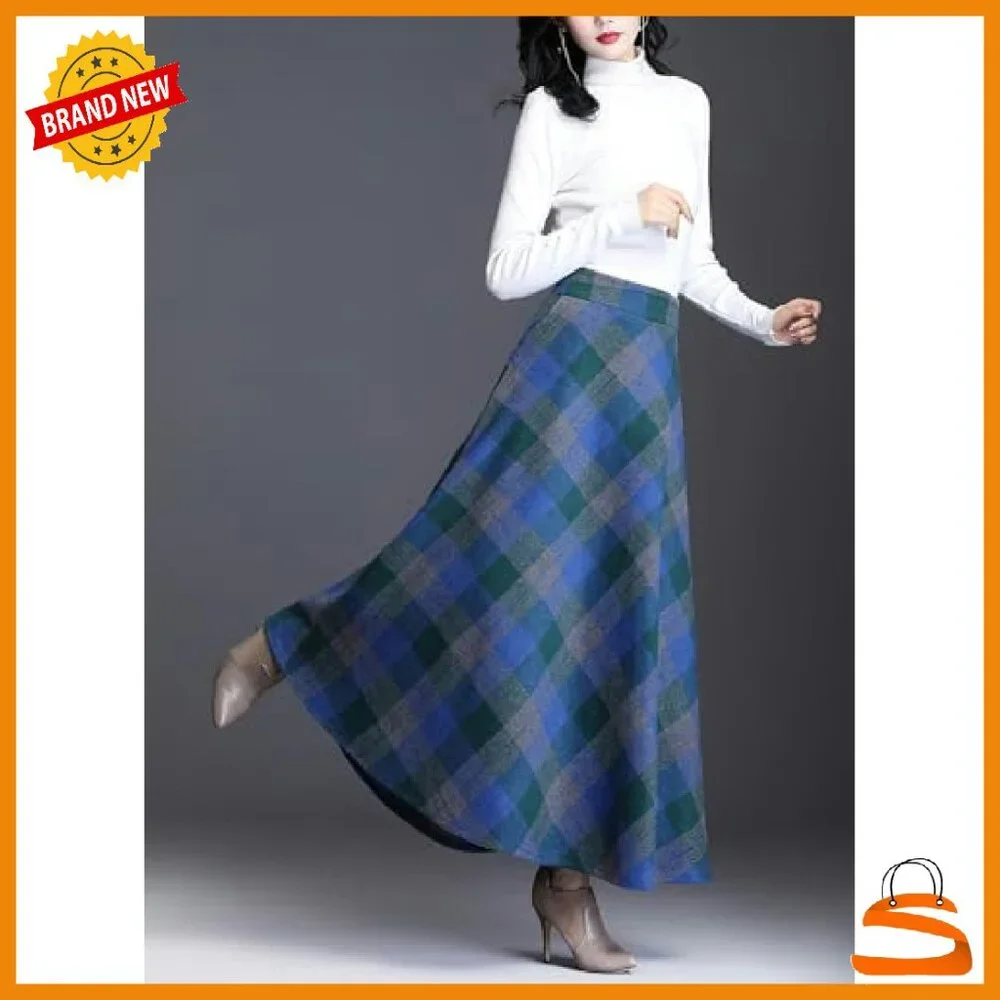 Wool Plaid Maxi Skirt High Waist A-Line Pleated with Pockets - Picture 4 of 6